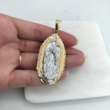 18K Gold Layered Oro Laminado Two Tone Texturized Our Lady of Guadalupe Medal Pendant 31.0128